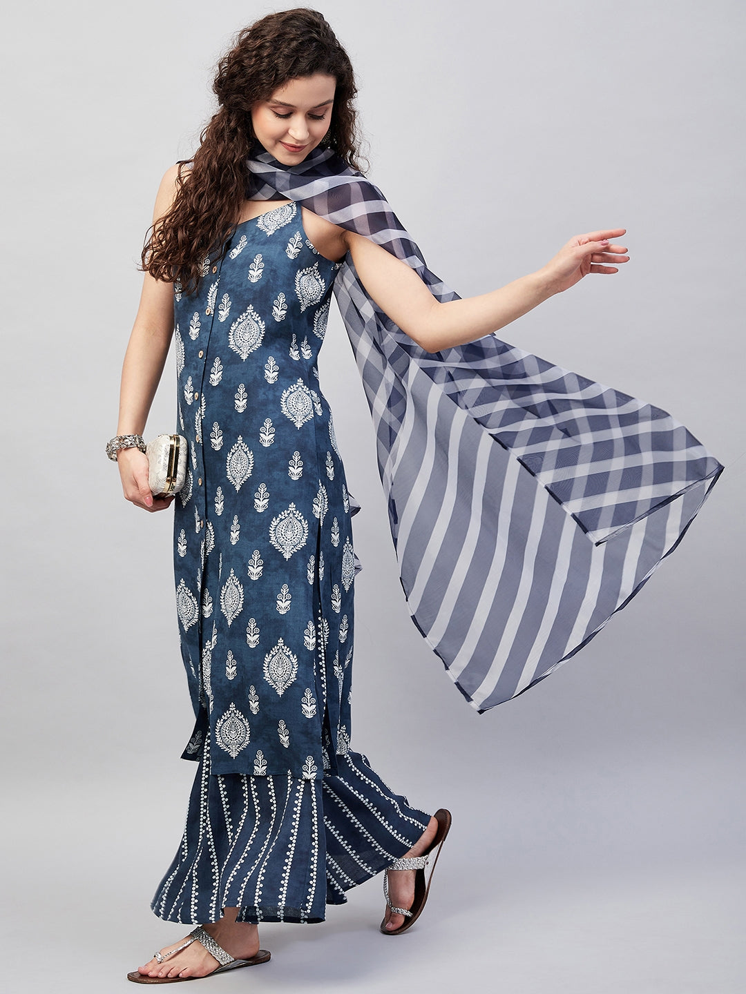 Blue White Porcelien Spaghetti Kurta Set W Navy Le dupatta