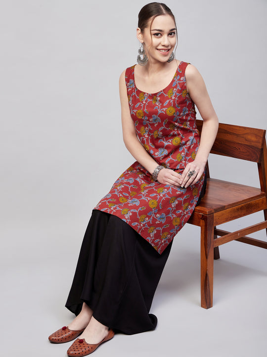 Maroon Jaal Staright Kurta Black Palazzo Set