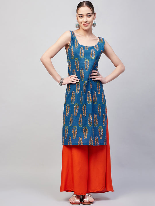 Blue Orange Leaf Straight Orange Palazzo Set