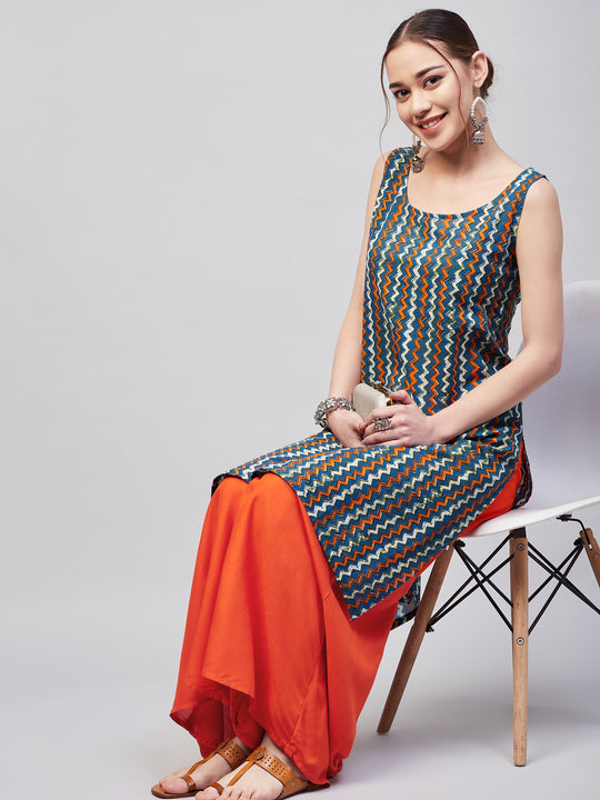 Blue Orange Zig Zag Straight Orange Palazzo Set