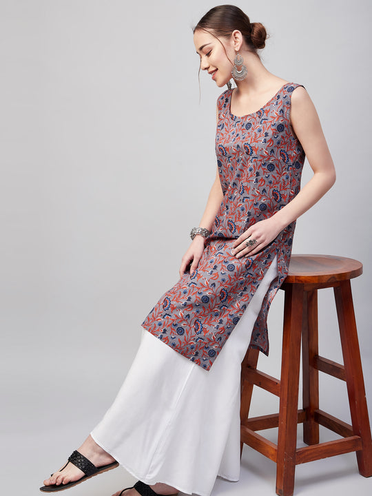Grey Kalamkari Straight White Palazzo Set