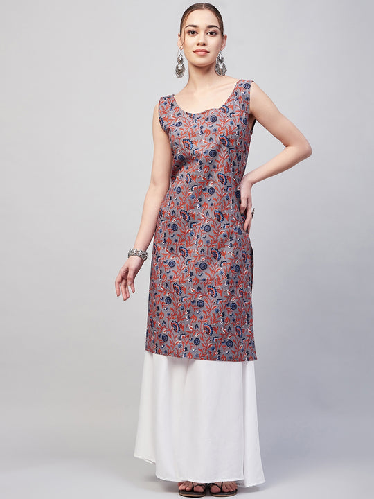 Grey Kalamkari Straight White Palazzo Set