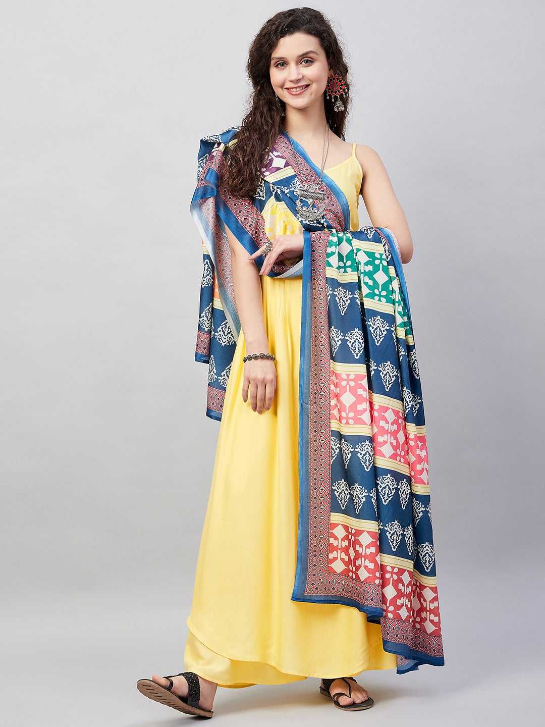 Light Yellow Strappy Set W Blue & Pink Abstract Dupatta