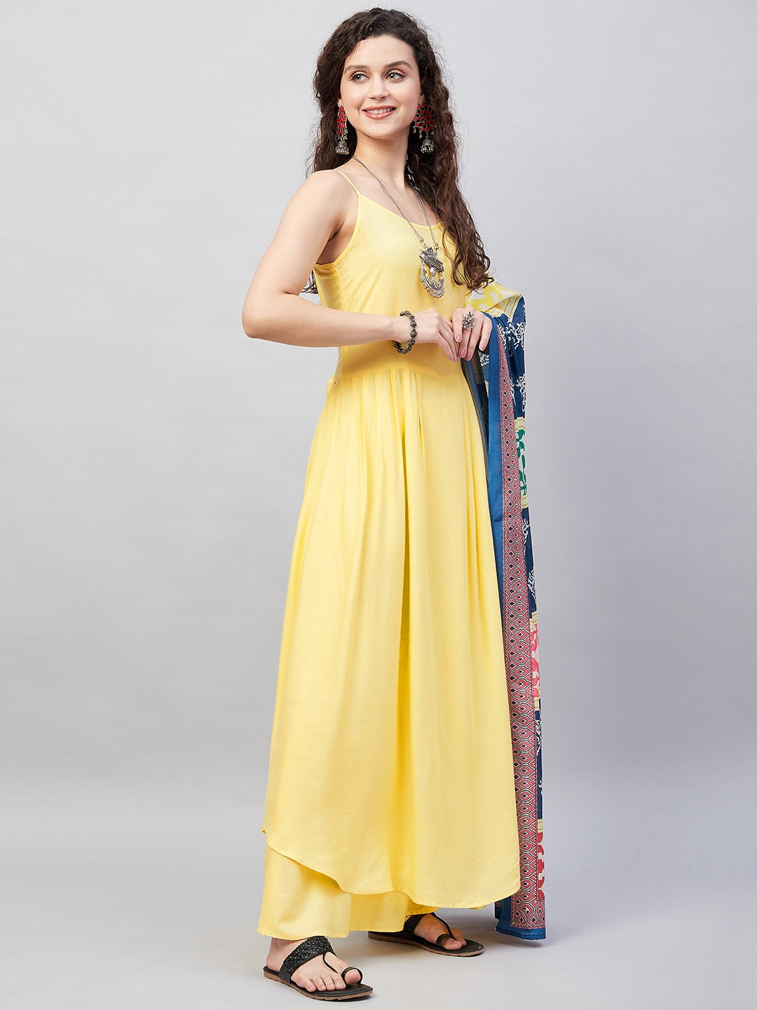 Light Yellow Strappy Set W Blue & Pink Abstract Dupatta