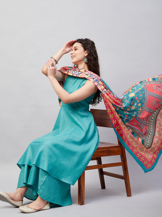 Teal Lurex  Boho Kurta  Set W Teal  & Pink Border Dupatta