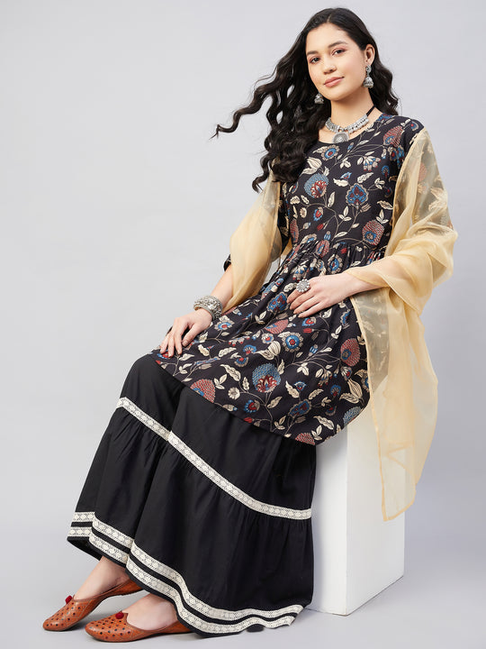 Black Tropical Sharara Set Gold Or Dupatta