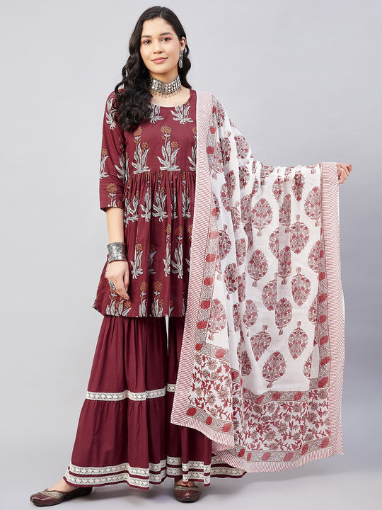 Brick Rust Boota Sharara Set Red Big Floral Co Dupatta
