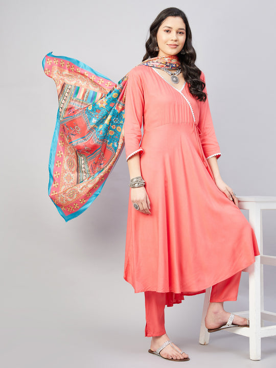 Camelia Gota Angrakha Kurta Set W Teal Pink Dupatta