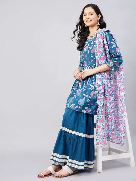 Indigo Boota Sharara Set White Blue Pink GE Dupatta