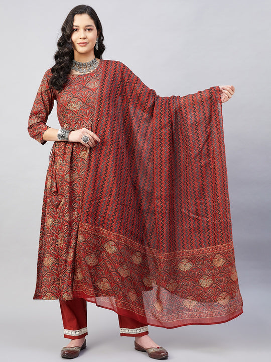 Long Kurta Set Rust Ajrakh With Rust Ajrakh Dupatta