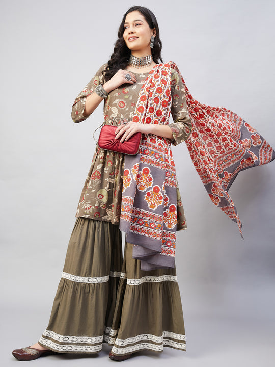 Olive shade tropical Sharara Set W Orange Co Dupatta