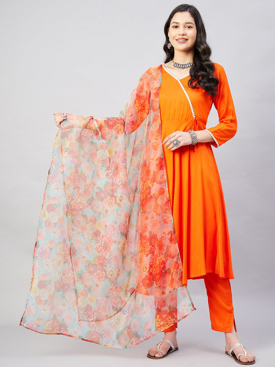 Orange Gota Angrakha Kurta Set W Green Or Dupatta