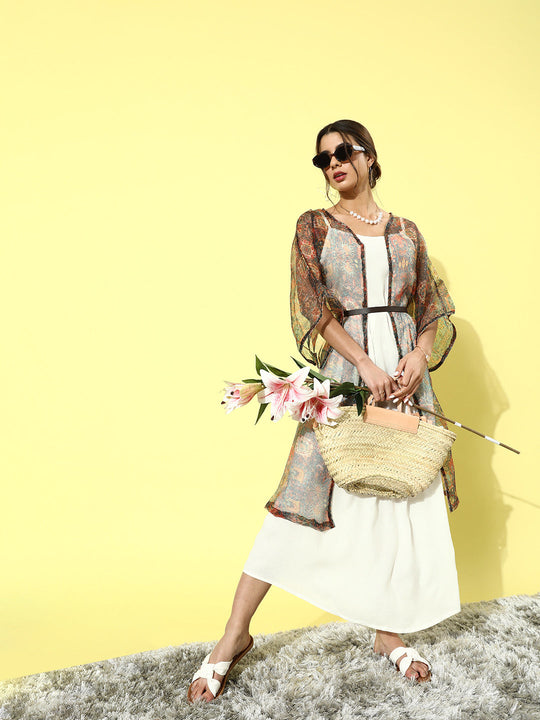 Cream - Multi Colour Organza Cape Set