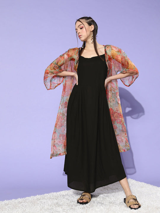 Black -Orange Organza Cape Set