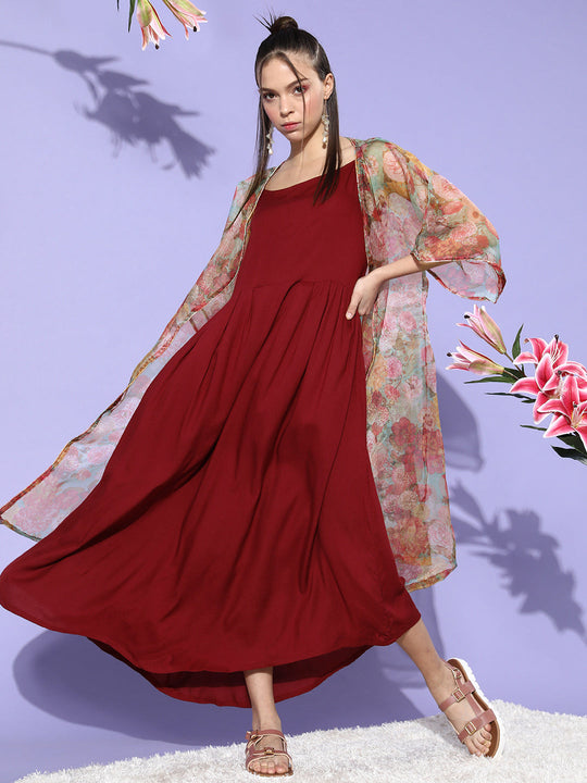 Maroon - Orange Floral Organza Cape Set