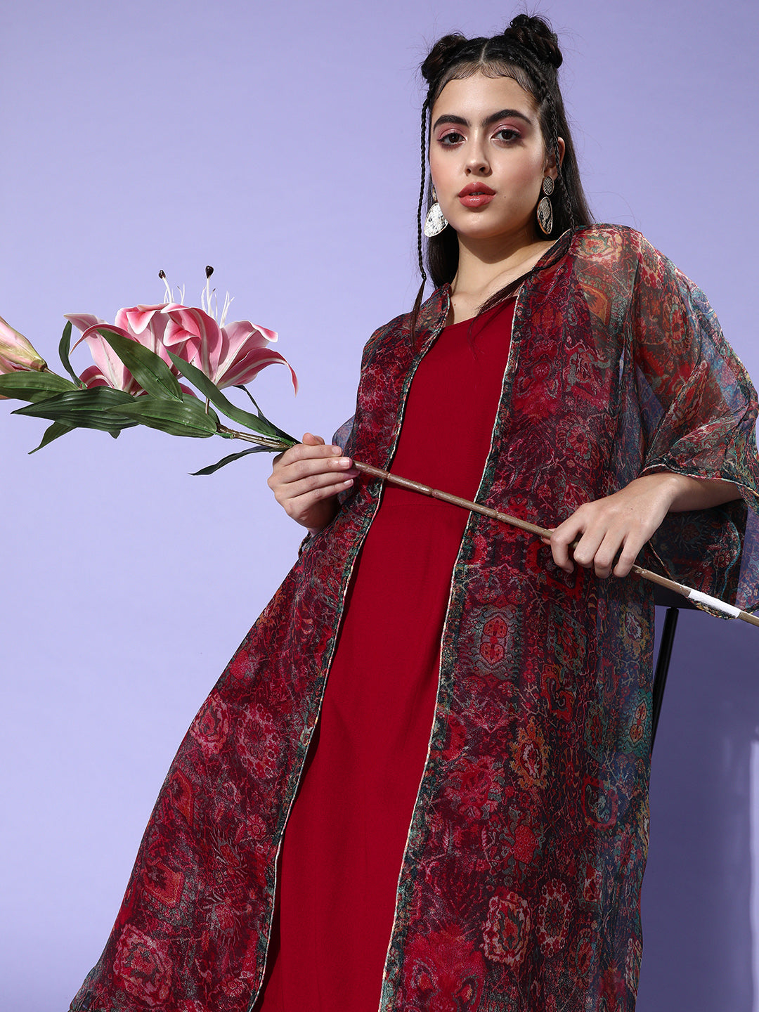 Maroon - Multi Organza Cape Set