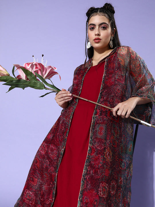 Maroon - Multi Organza Cape Set