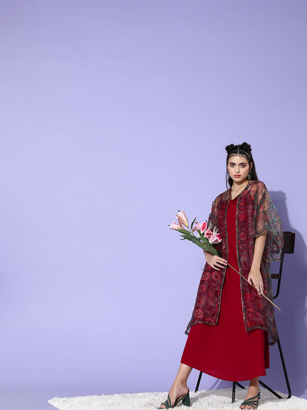 Maroon - Multi Organza Cape Set