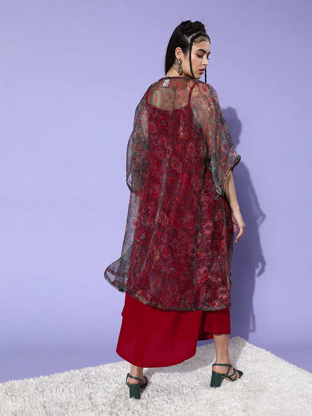 Maroon - Multi Organza Cape Set