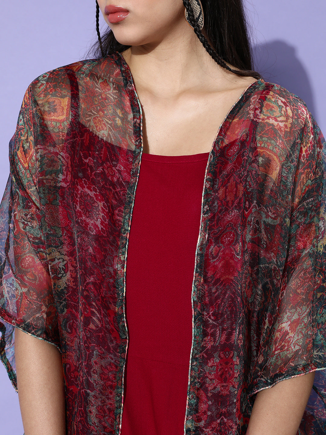 Maroon - Multi Organza Cape Set