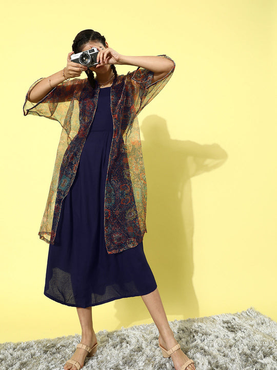 Navy Blue -Multi Organza Cape Set