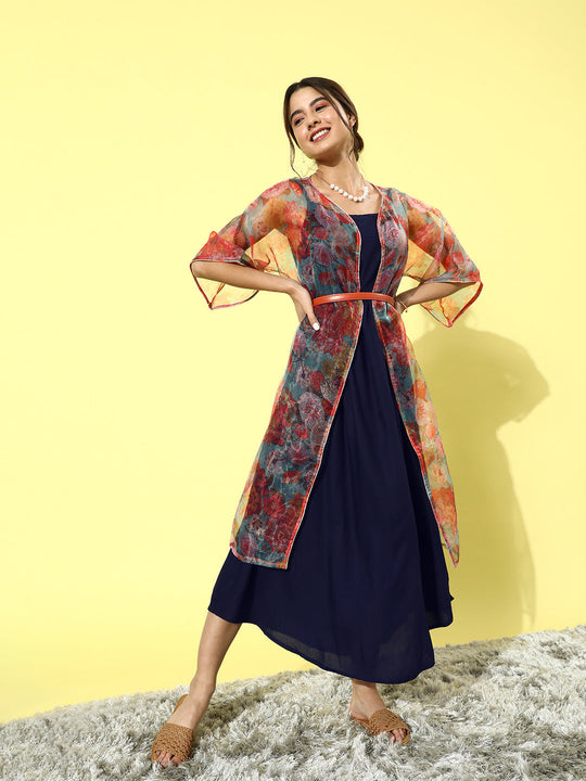 Navy Blue - Orange Floral Organza Cape Set