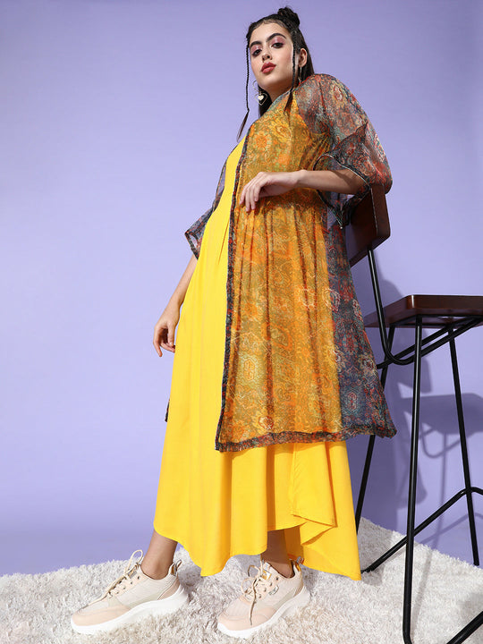 Yellow -Orange Floral Organza Cape Set
