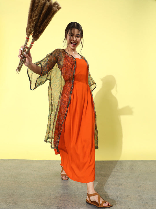 Orange - Multi Printed Organza Cape Set