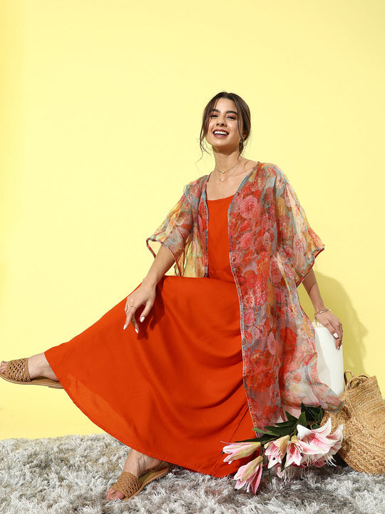 Orange Floral Printed Organza Cape Set
