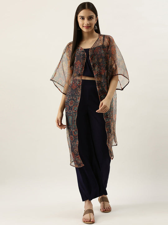 Navy Blue Crop Top Pants Set With Multi Organza Print Cape