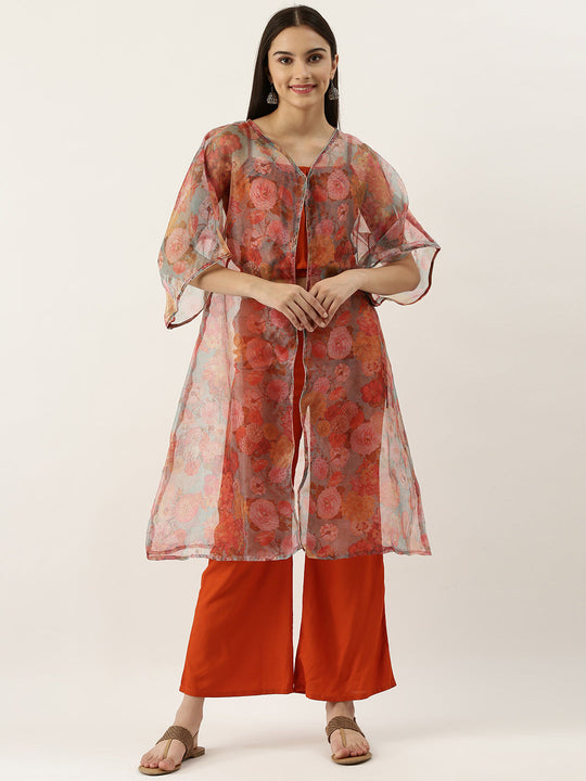 Orange Crop Top- Bottom Set With Orange Floral Organza Cape