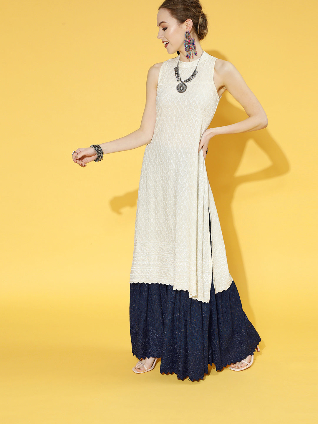 Blue - Cream Chikan Kurta Set With Scalloped Dupatta
