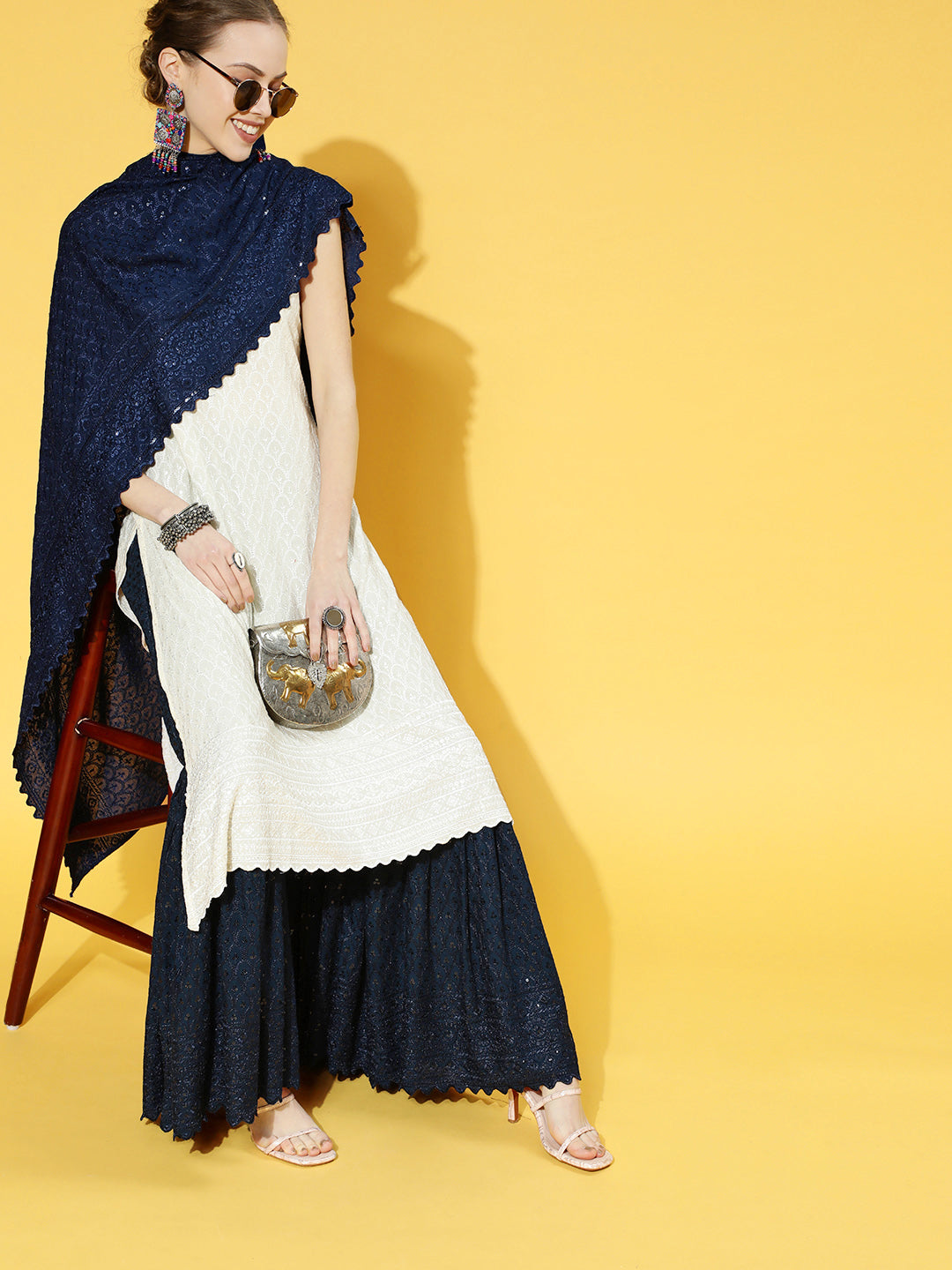 Blue - Cream Chikan Kurta Set With Scalloped Dupatta