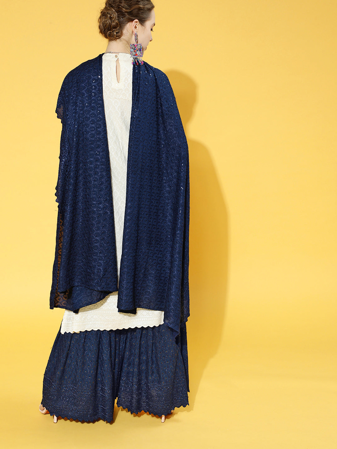 Blue - Cream Chikan Kurta Set With Scalloped Dupatta
