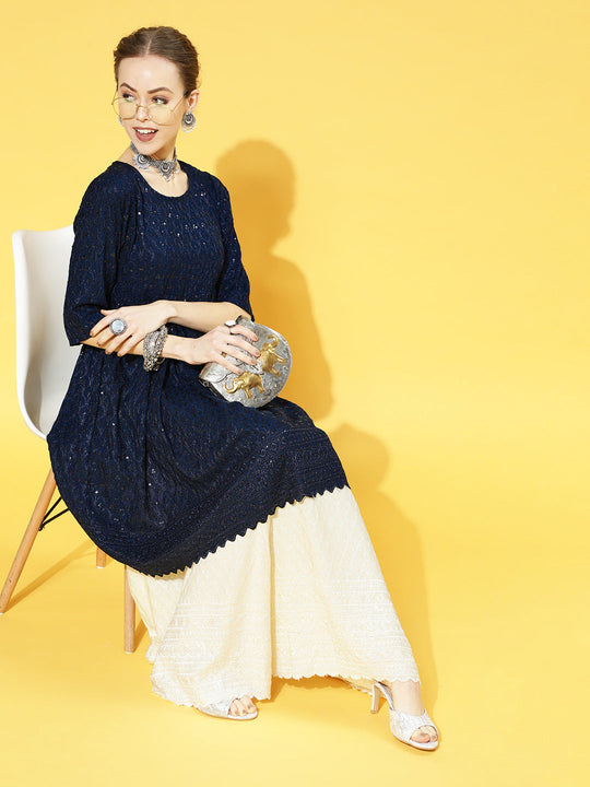 Denim Blue Kurta With Cream Chikan Bottom Set