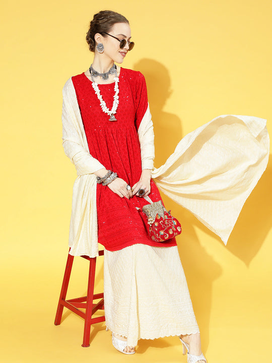 Red - Cream Kurta Set With Dupatta