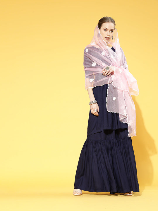 Navy Blue Sharara Set With Pink Scalloped Dupatta