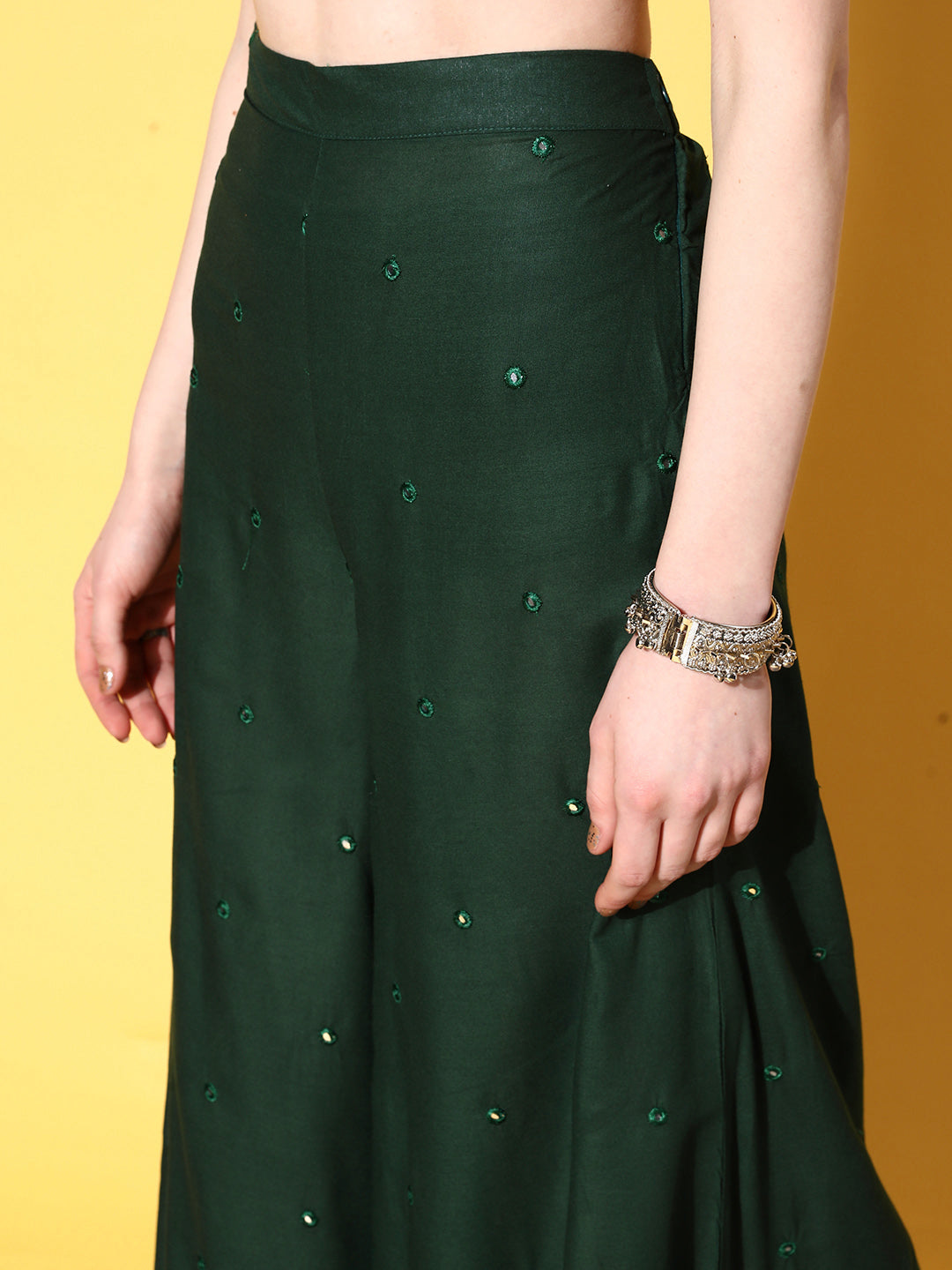 Green Mirror Work One Shoulder Kurta Set With Dupatta