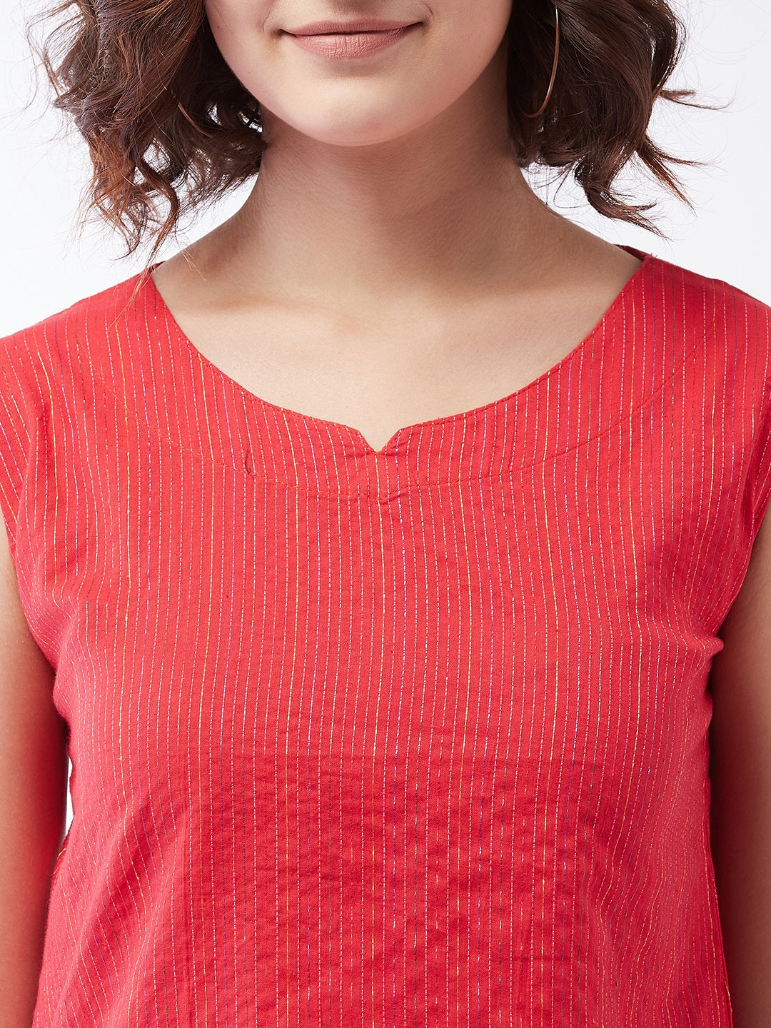 Red Kantha Sleeveless Top For Teens