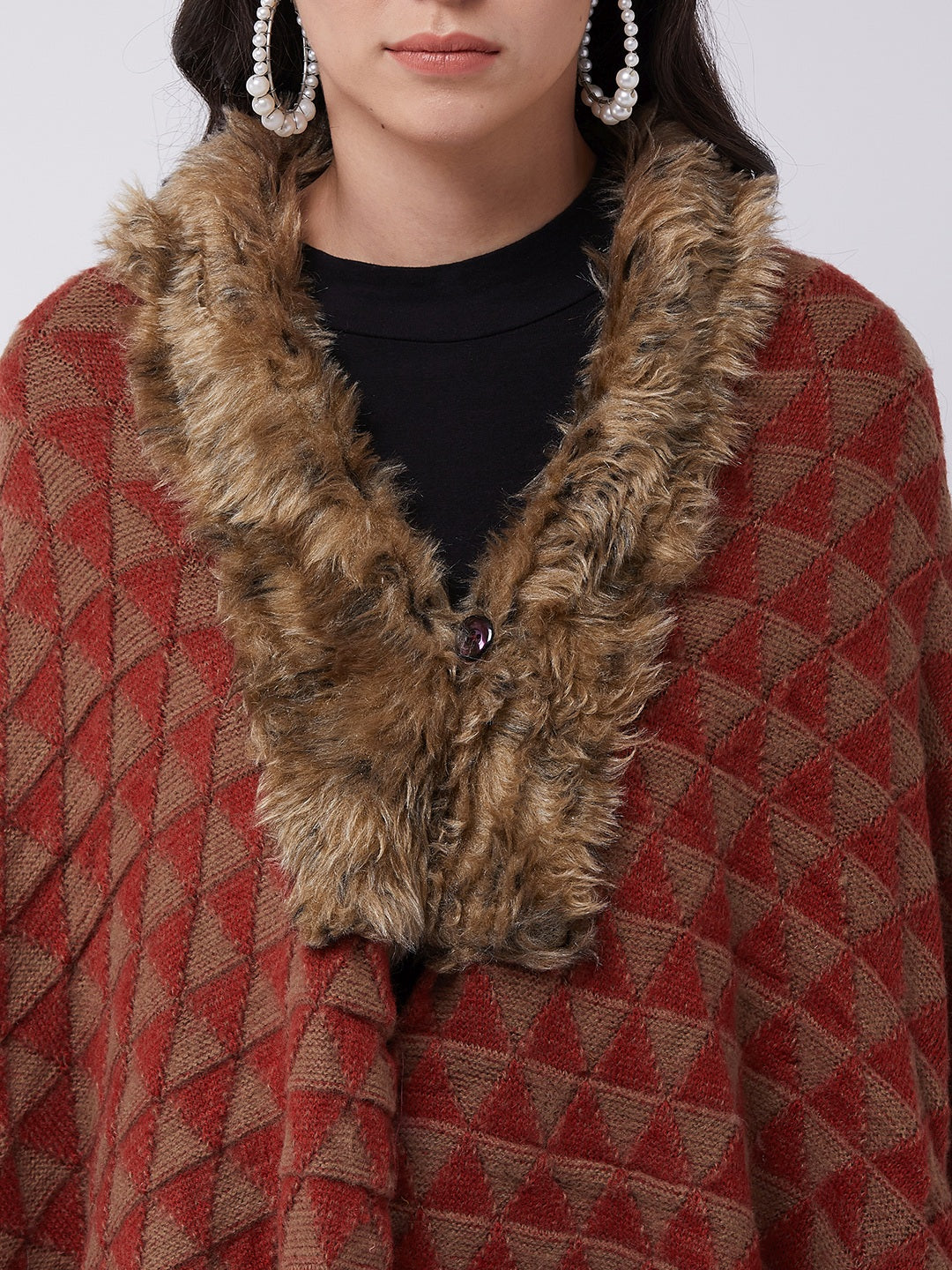 Red Geometric Faux Fur Cape