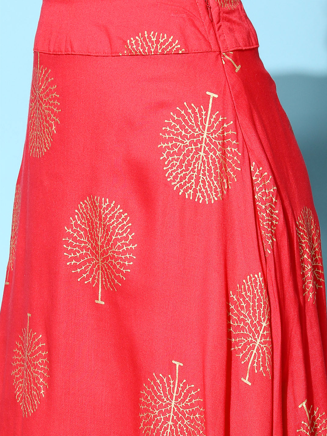 Red Gold Printed Crop Top With Side Slit Skirt