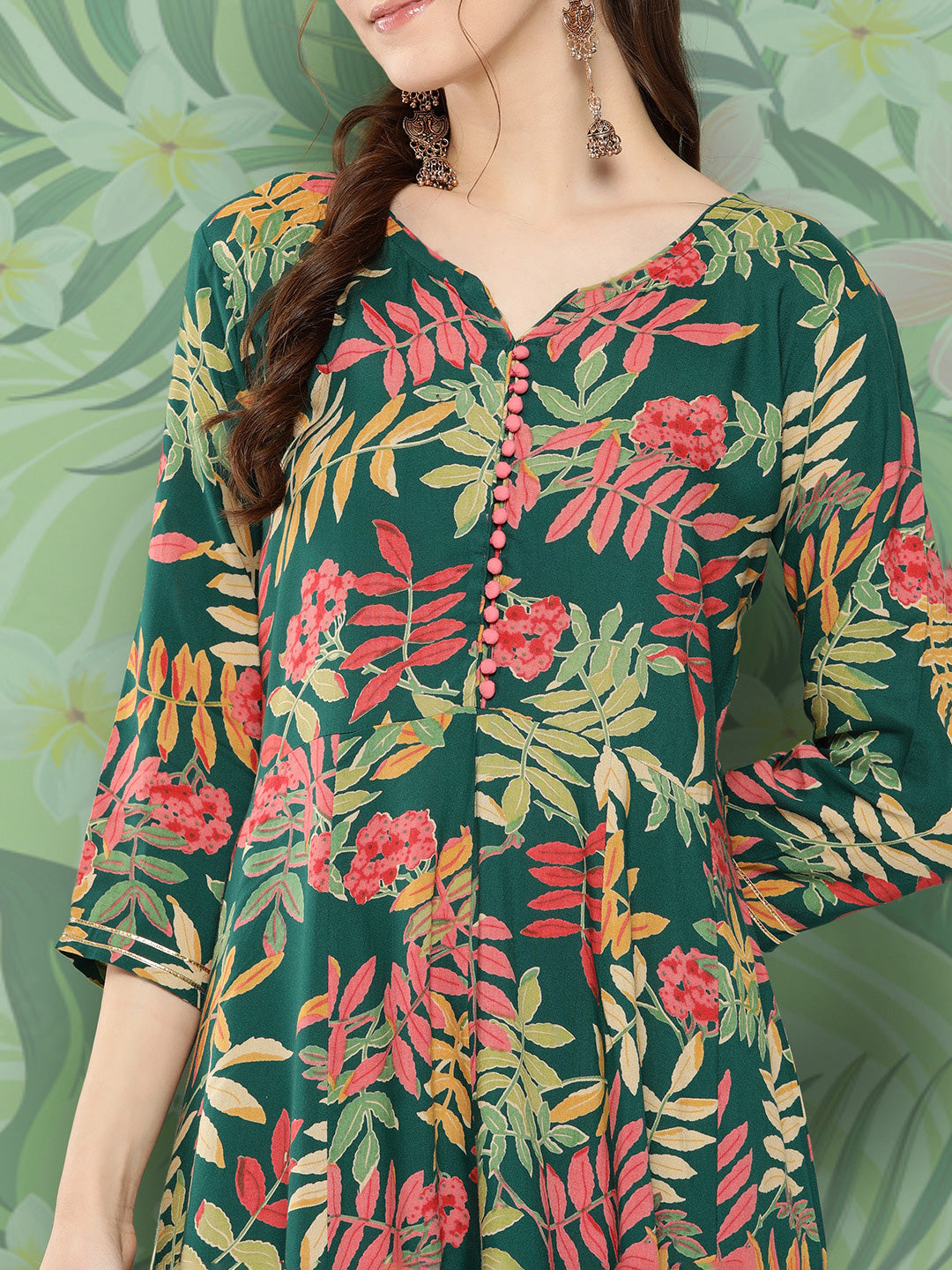 Green Tropical Print Gota Long Dress