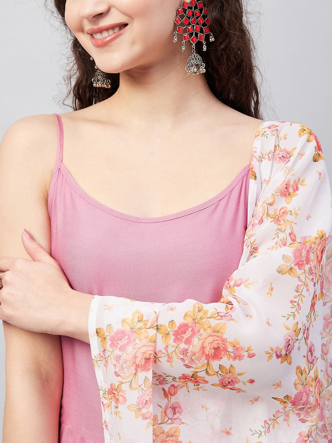 Light Pink Strappy Set W Cream Orange Print Ge Dupatta