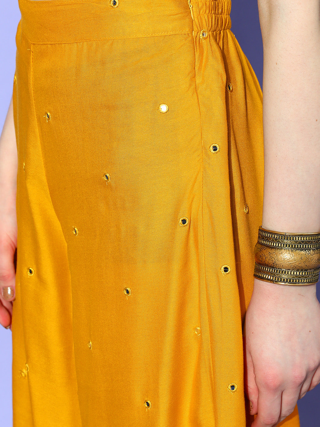 Mustard Mirror Work One Shoulder Kurta Set With Dupatta