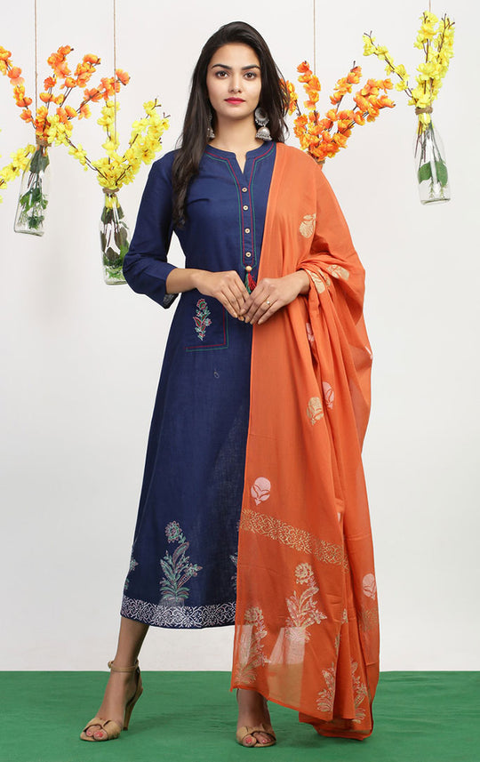 Anarkali Kurta-Dupatta Set in Blue-Orange