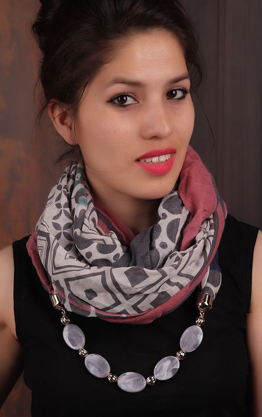 Grey-pink Geometric-printed Infinity Scarf Necklace