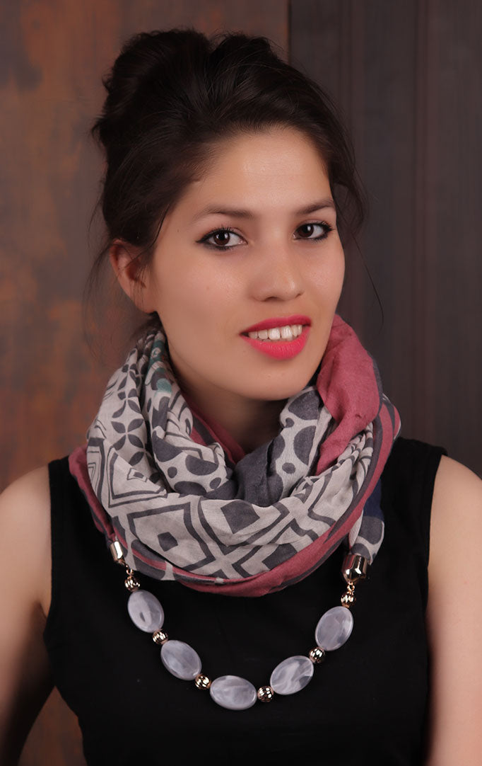 Grey-pink Geometric-printed Infinity Scarf Necklace