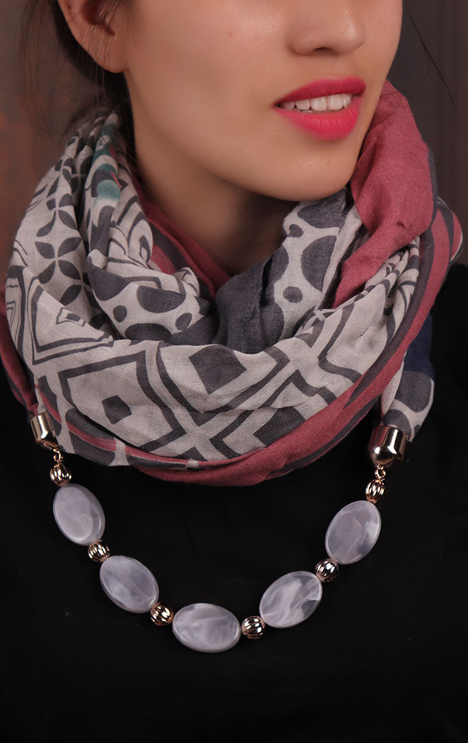 Grey-pink Geometric-printed Infinity Scarf Necklace