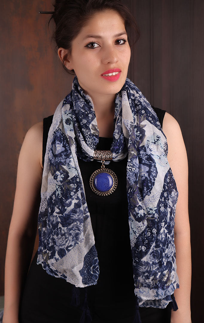 Blue-White Floral Printed Scarf Necklace