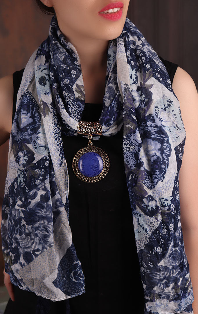 Blue-White Floral Printed Scarf Necklace